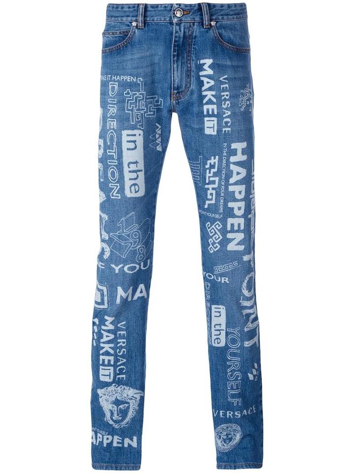 Versace Painted Logo Slim Jeans, Men's, Size: 31, Blue, Cotton/polyester