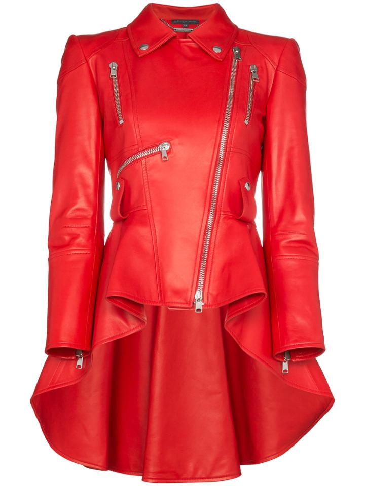 Alexander Mcqueen Asymmetric Ruffle Leather Jacket - Red