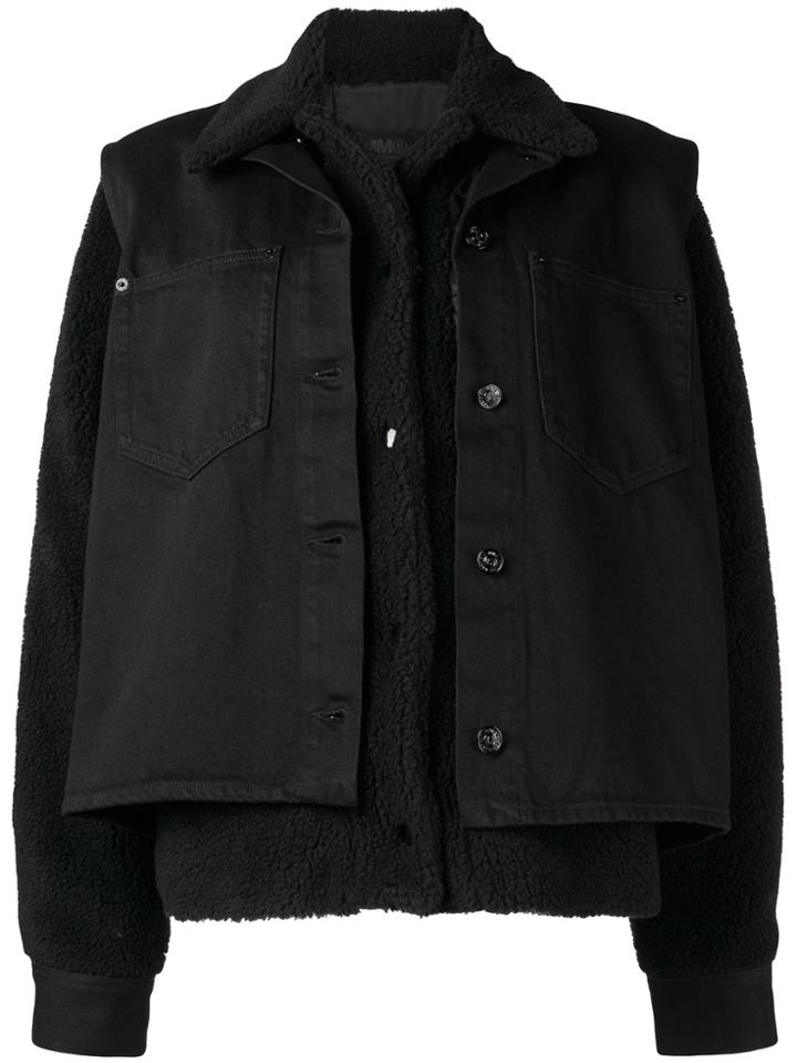 Mm6 Maison Margiela Layered Shearling And Denim Jacket - Black