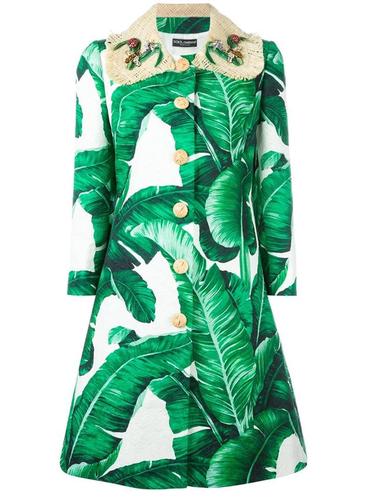Dolce & Gabbana Banana Leaf Print Brocade Coat, Women's, Size: 42, Green, Cotton/silk/spandex/elastane