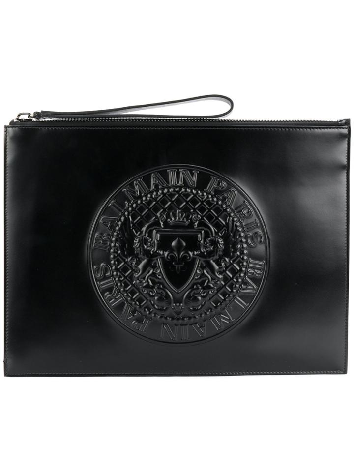 Balmain Logo Crest Clutch Bag - Black