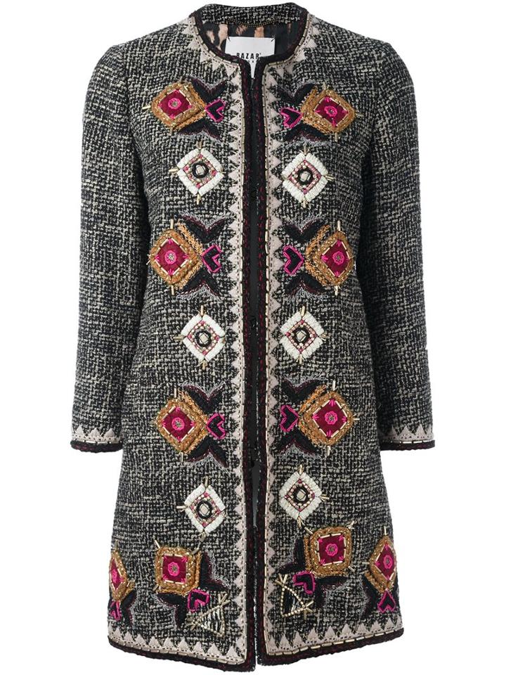 Bazar Deluxe Geometric Embroidery Tweed Coat, Women's, Size: 44, Black, Cotton/polyester/acrylic/spandex/elastane