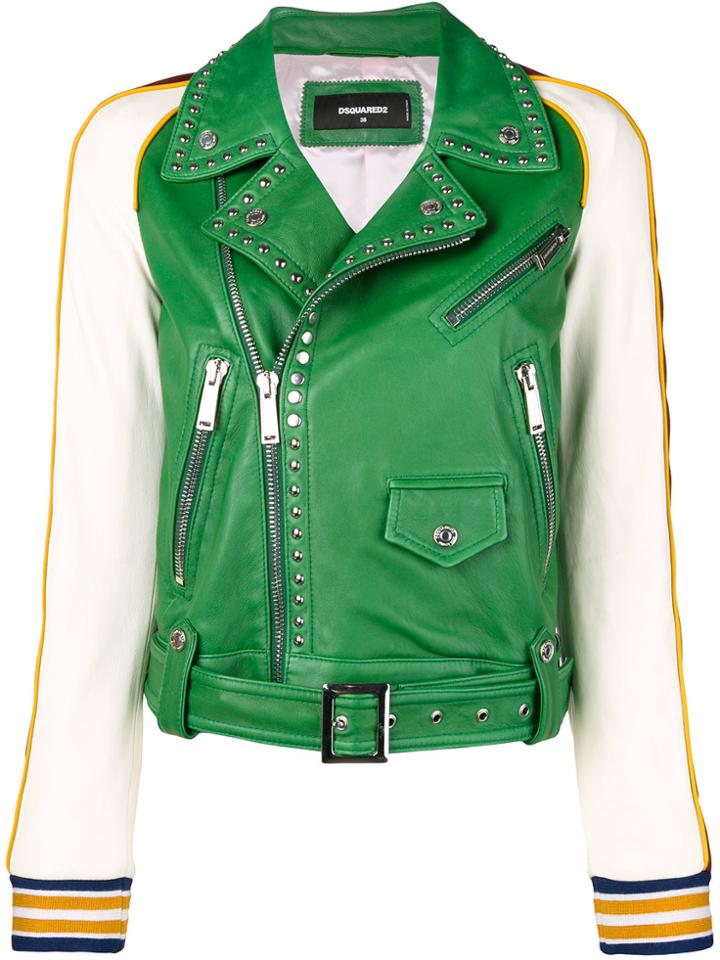 Dsquared2 Studded Contrast Leather Jacket - Green