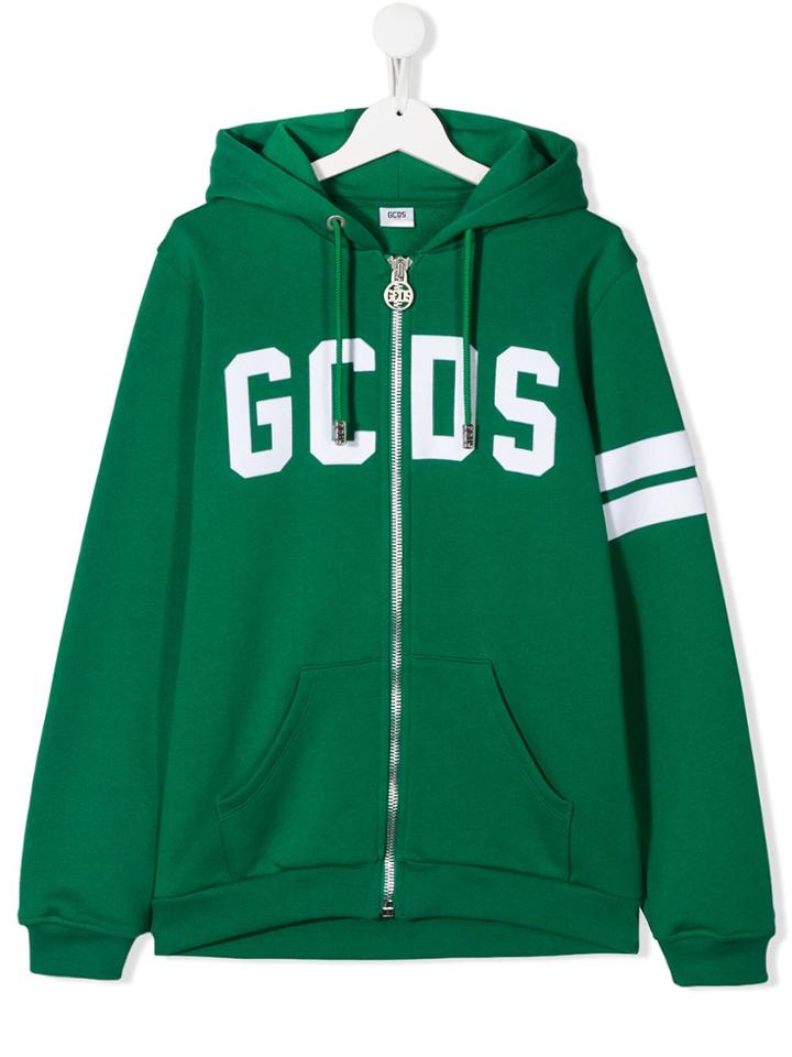 Gcds Kids Teen Logo Zipped Hoodie - Green