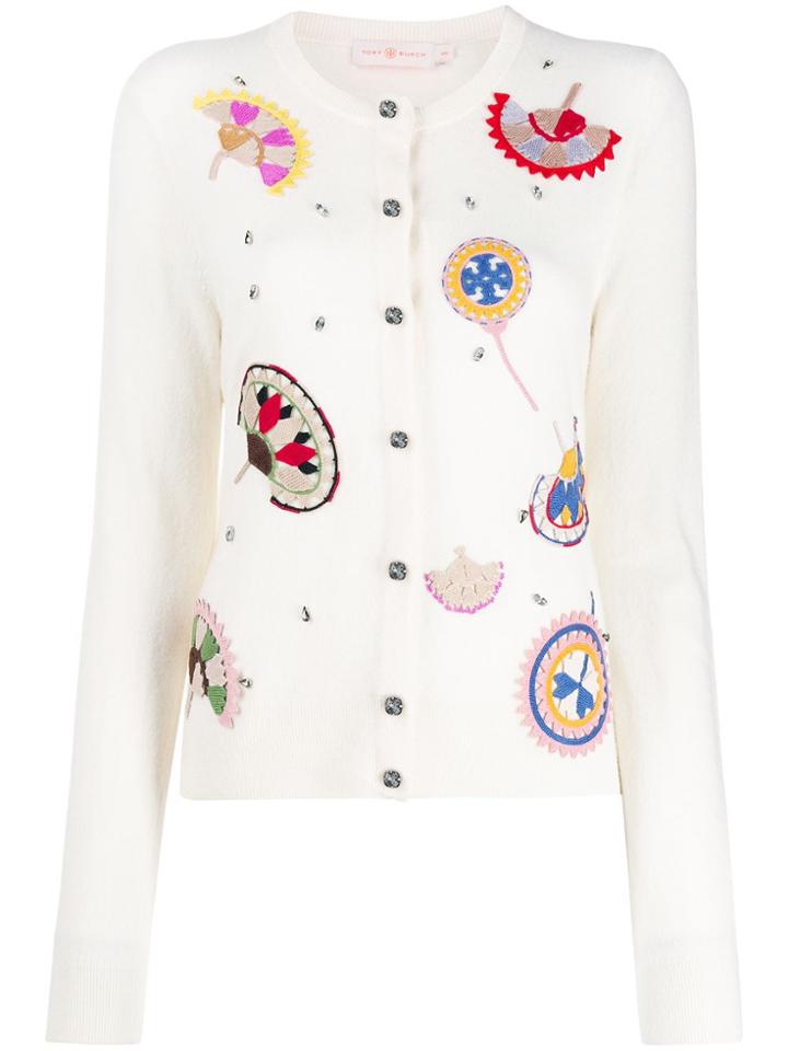 Tory Burch Embroidered Fine Knit Cardigan - Neutrals