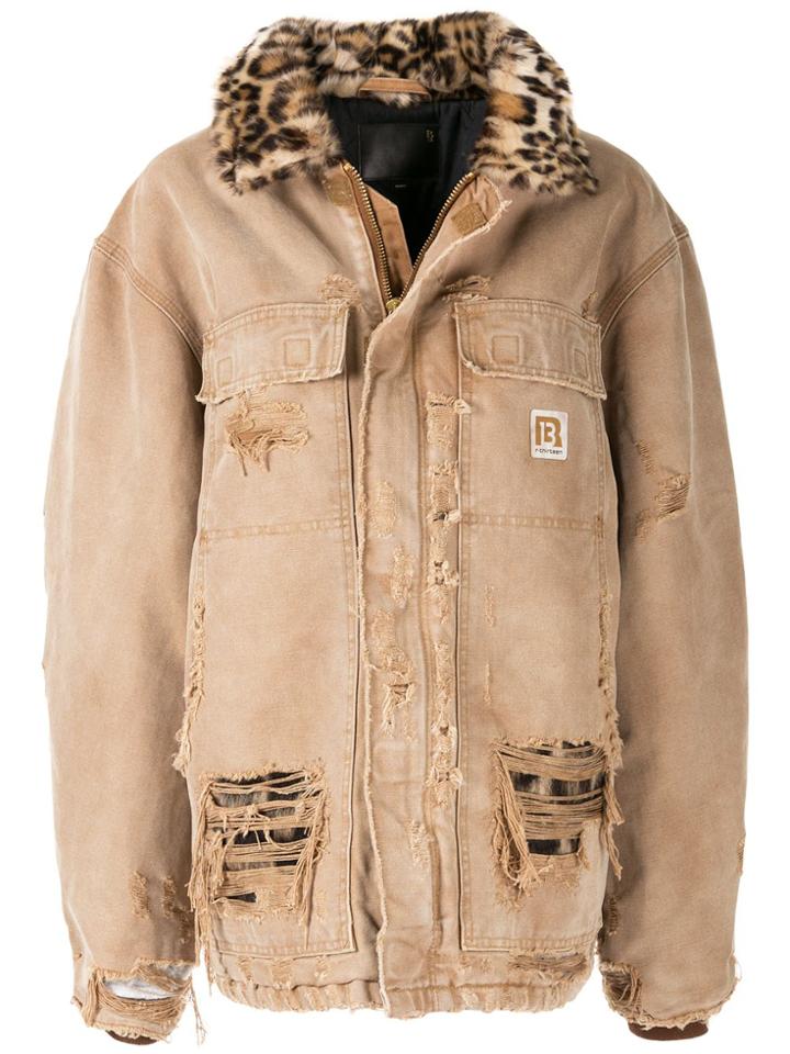 R13 Oversized Leopard Collar Denim Jacket - Brown