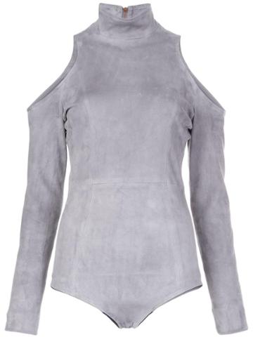 Balmain Cold Shoulder Bodysuit, Women's, Size: 38, Grey, Lamb Skin