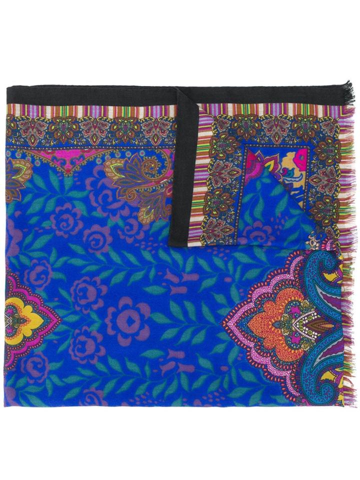 Etro Mixed Print Frayed Scarf - Blue