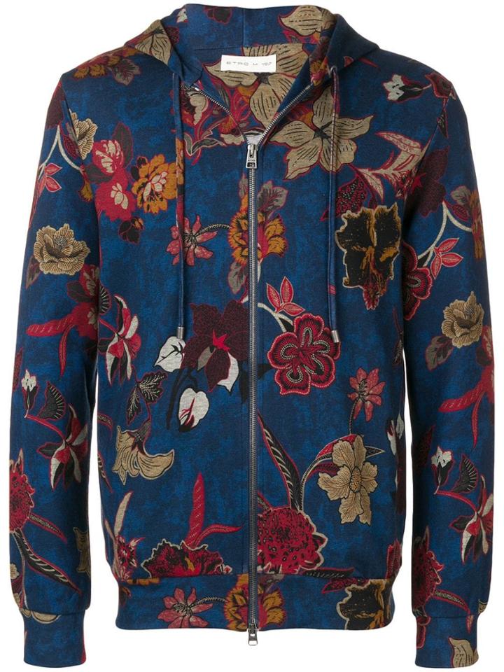 Etro Floral Print Zip-front Hoodie - Blue