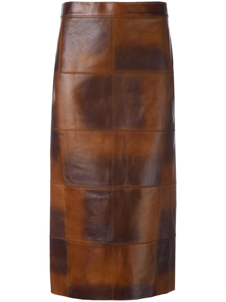 Tom Ford - Panelled Midi Skirt - Women - Silk/calf Leather - 40, Brown, Silk/calf Leather