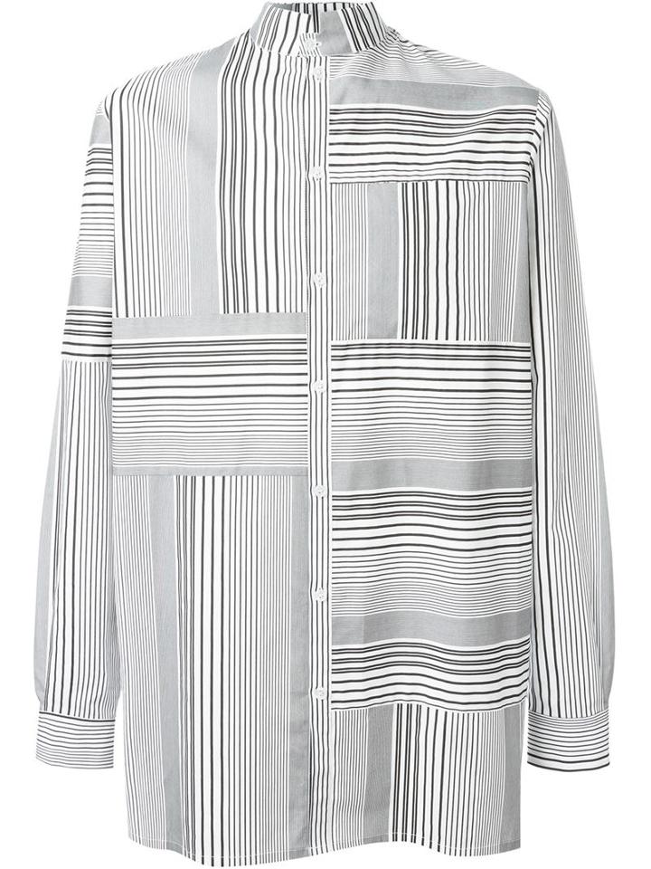 Odeur Striped Band Collar Shirt, Adult Unisex, Size: S, White, Cotton