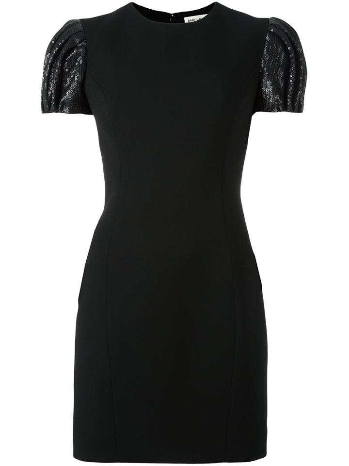 Saint Laurent Puffball Sleeve Mini Dress, Women's, Size: 40, Black, Silk/polyester/wool