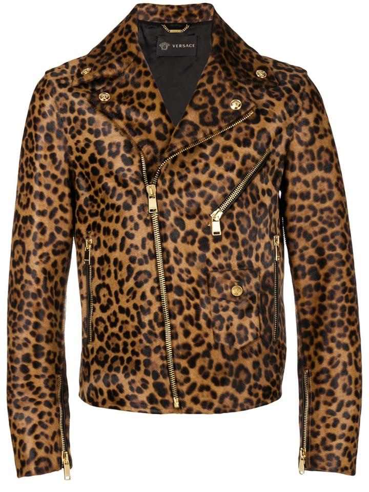 Versace Leather Leopard Print Biker Jacket - Brown