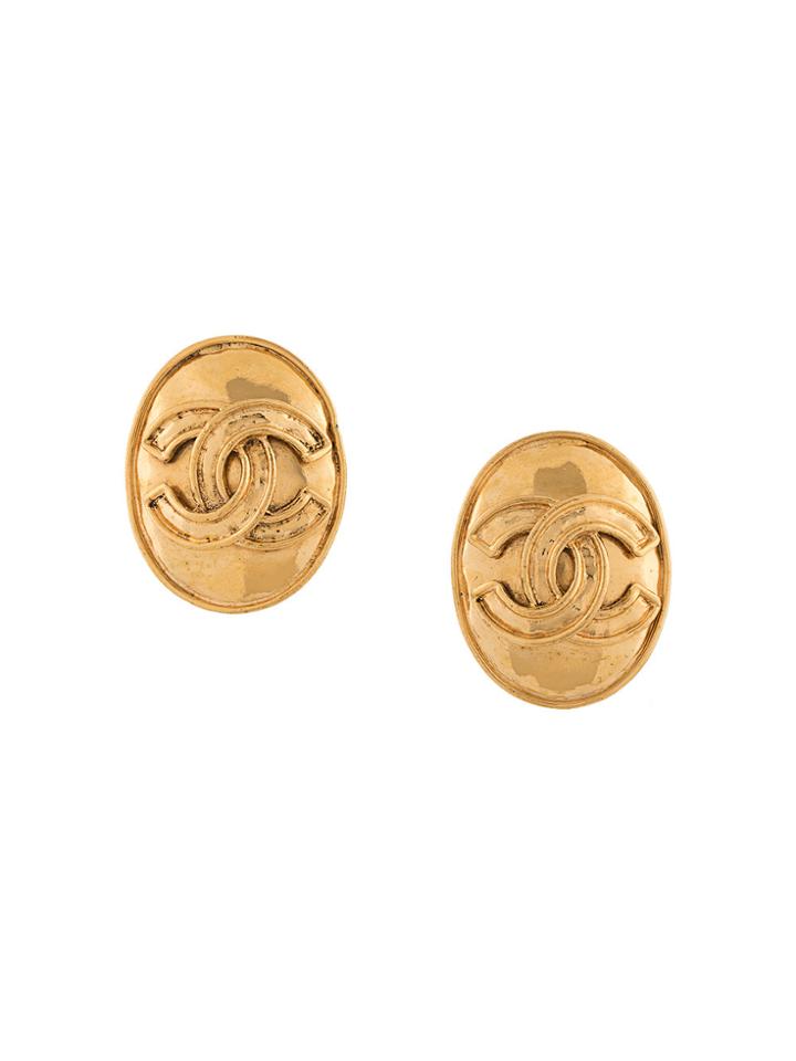 Chanel Vintage Logo Oval Earrings - Metallic