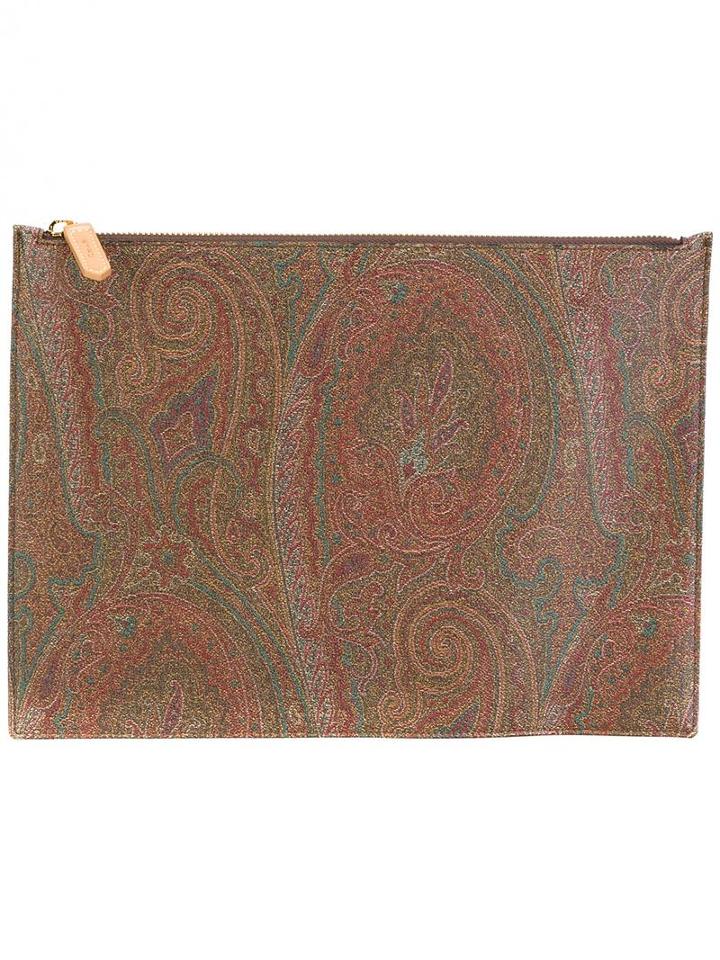 Etro Tonal Print Zipped Clutch, Men's, Brown, Calf Leather