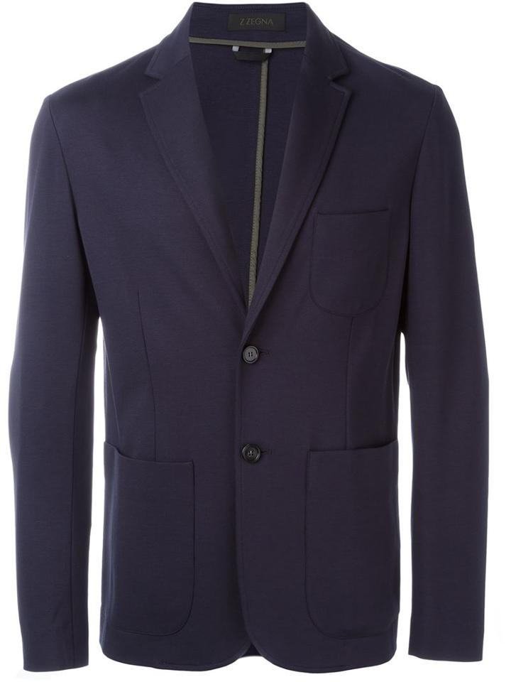 Z Zegna Notched Lapel Blazer, Men's, Size: 50, Blue, Viscose/cupro/polyamide/spandex/elastane
