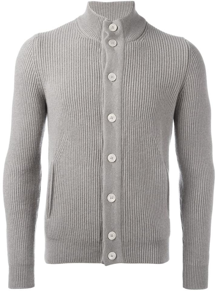 Barba Ribbed High Neck Cardigan, Men's, Size: 54, Grey, Cashmere