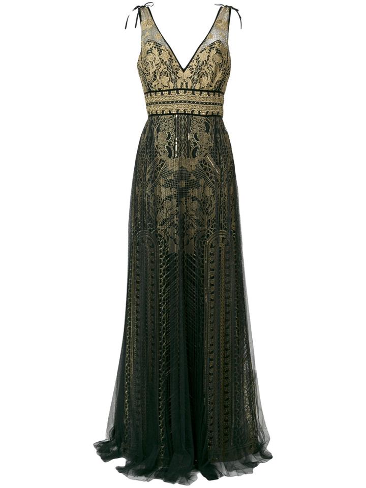 Marchesa Notte Metallic Embroidered Gown - Black