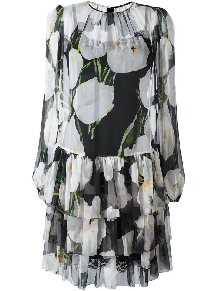 Dolce & Gabbana Tulip Print Sheer Dress, Women's, Size: 46, Black, Silk/cotton/polyamide