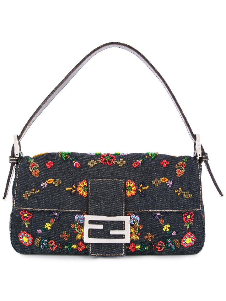 Fendi Vintage Beaded Mamma Bucket Denim Handbag - Blue