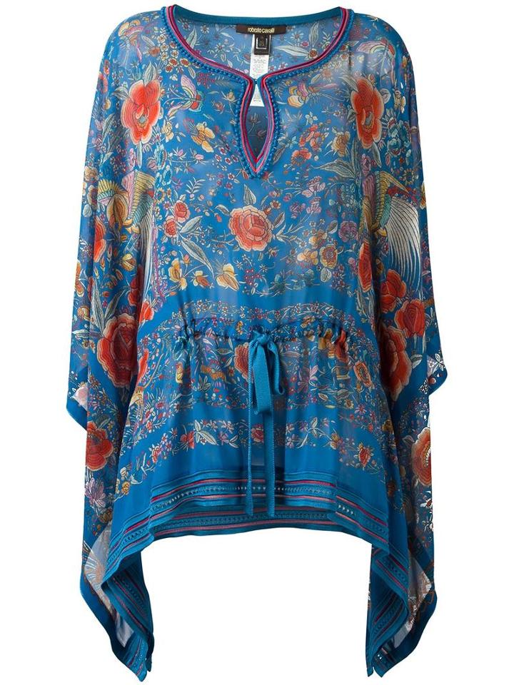 Printed Draped Blouse, Women's, Size: 42, Blue, Silk/viscose, Roberto Cavalli