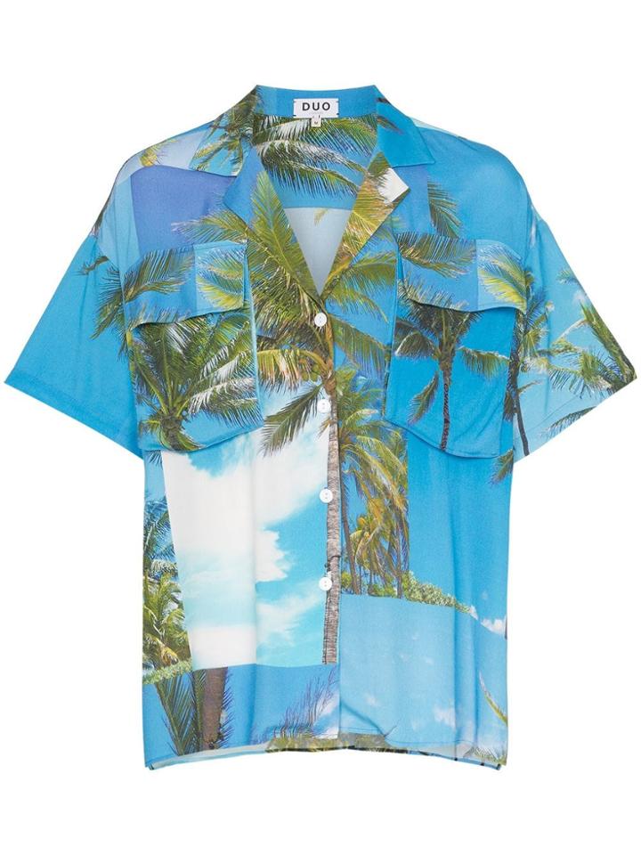 Duo Palm Print Short Sleeve Shirt - Blue