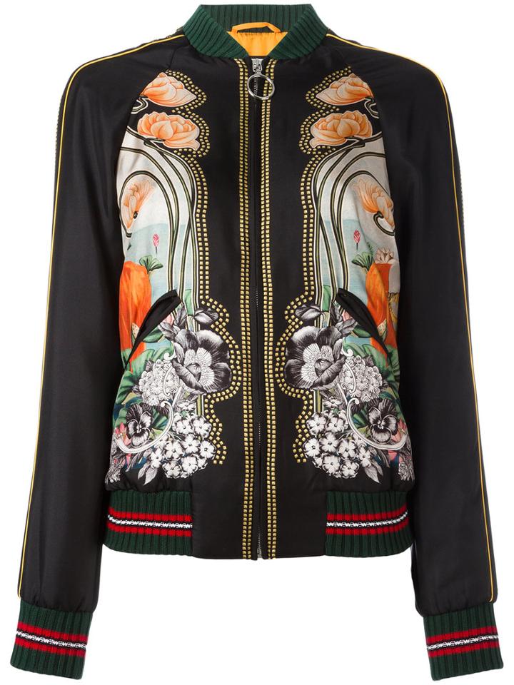 Gucci Elephant And Waterlily Print Bomber Jacket, Women's, Size: 40, Green, Cotton/silk/polyamide/silk