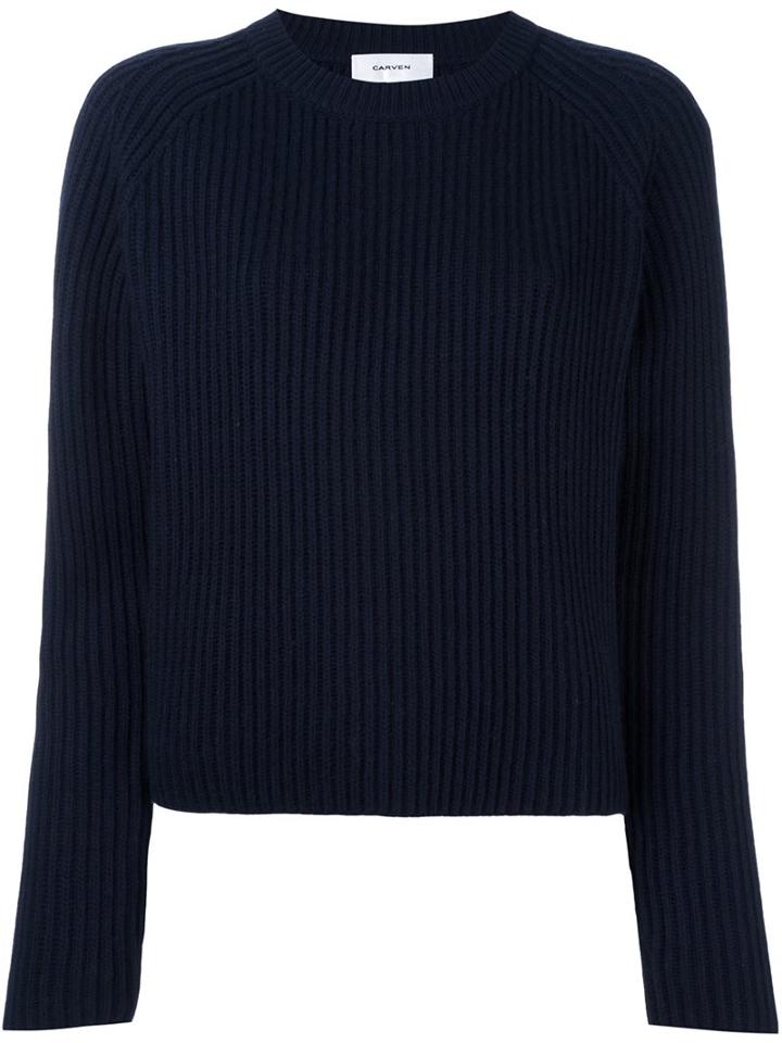 Carven Ribbed Cropped Jumper, Women's, Size: Large, Blue, Cotton/nylon/viscose/lambs Wool