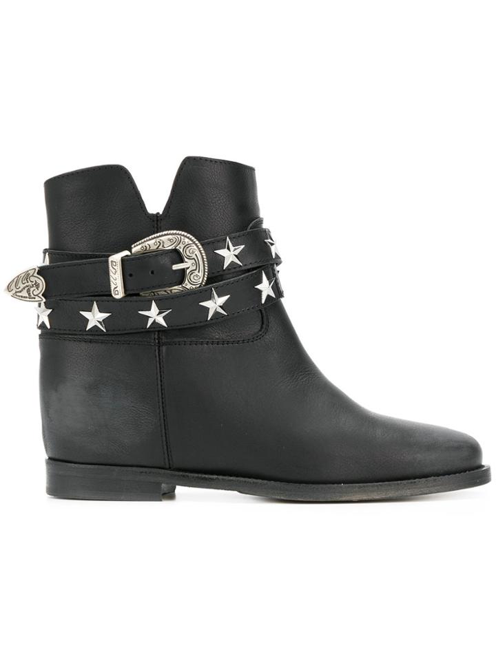 Via Roma 15 Star Stud Buckle Strap Ankle Boots - Black