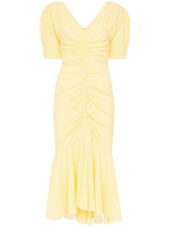 Staud V-neck Gingham Midi Dress - Yellow