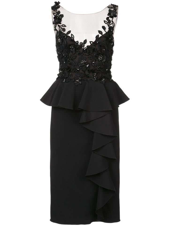 Marchesa Notte Embroidered And Frill Detailed Dress - Black