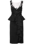 Marchesa Notte Embroidered And Frill Detailed Dress - Black