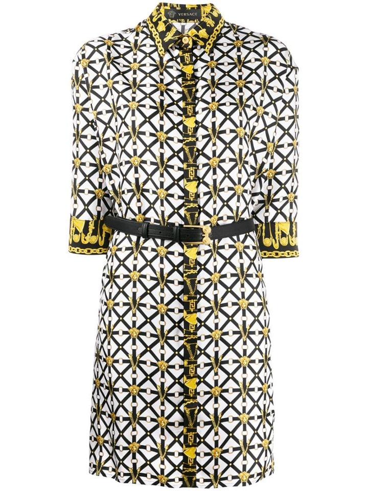 Versace Belted Print Shirt Dress - White