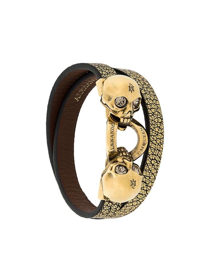 Alexander Mcqueen Double Wrap Twin Skull Bracelet, Women's, Size: Small, Metallic