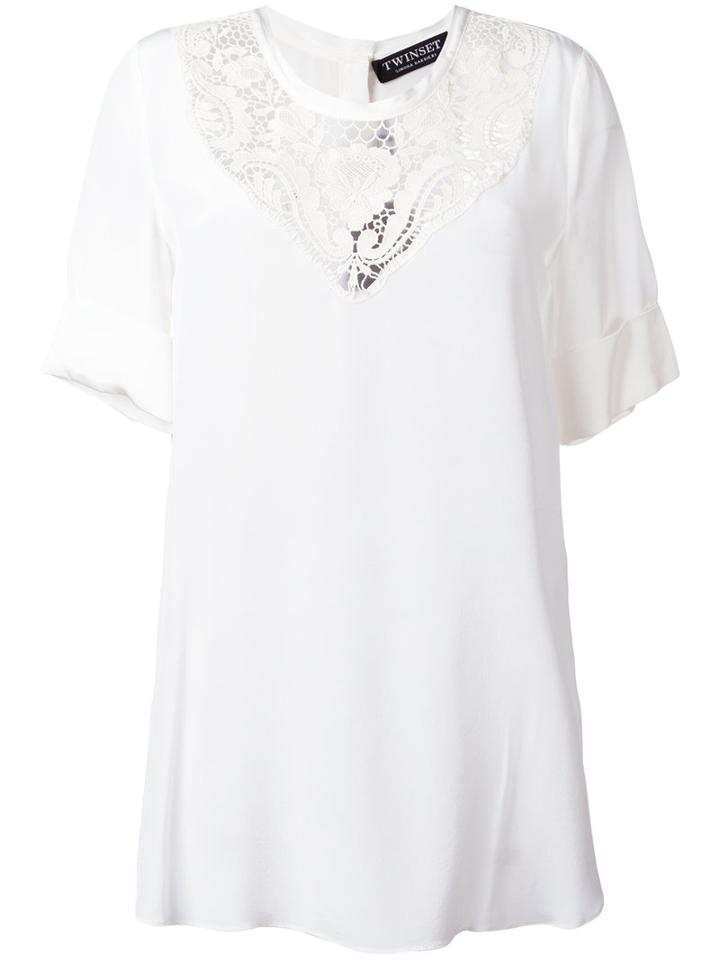 Twin-set - Lace Panel Blouse - Women - Silk/cotton - 44, Nude/neutrals, Silk/cotton