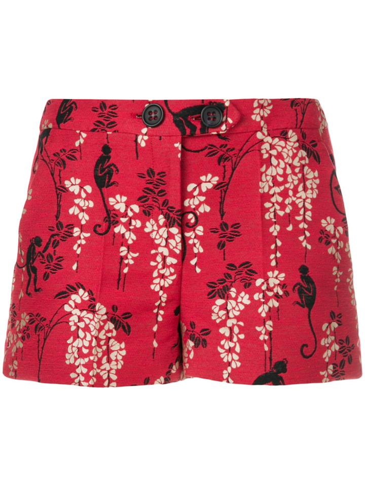 Red Valentino Monkey And Floral Embroidered Shorts