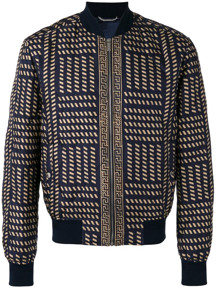 Versace Tribal Medusa Print Bomber Jacket, Men's, Size: 50, Blue, Cotton/silk/acrylic/spandex/elastane