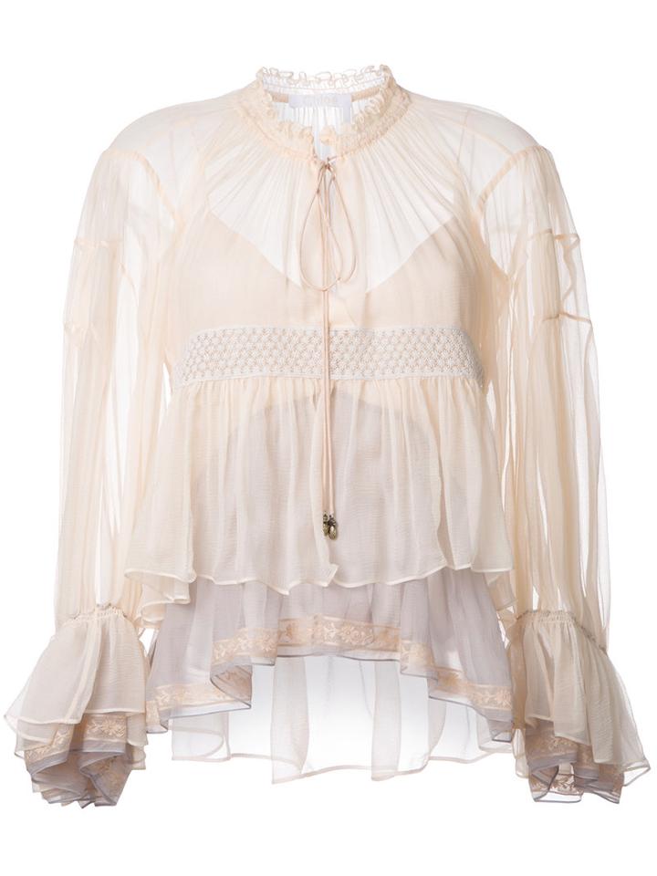 Chloé - Colour Block Tiered Top - Women - Silk/cotton/polyester - 38, Women's, Nude/neutrals, Silk/cotton/polyester