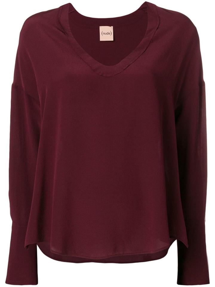Nude Longsleeved V-neck Blouse - Pink & Purple