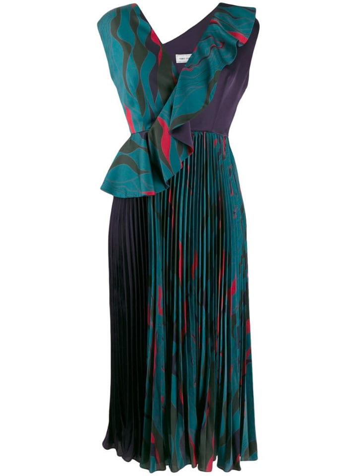 Three Floor Fragment Print Pleated Dress - Green