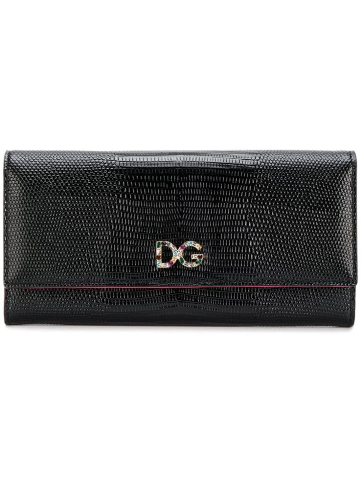Dolce & Gabbana Lizard Embossed Flap Wallet - Black