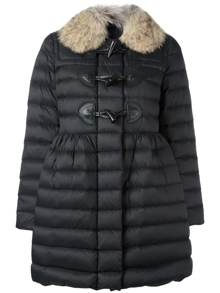 Red Valentino Fur Collar Duffle Coat, Women's, Size: 42, Black, Calf Leather/polyamide/coyote Fur