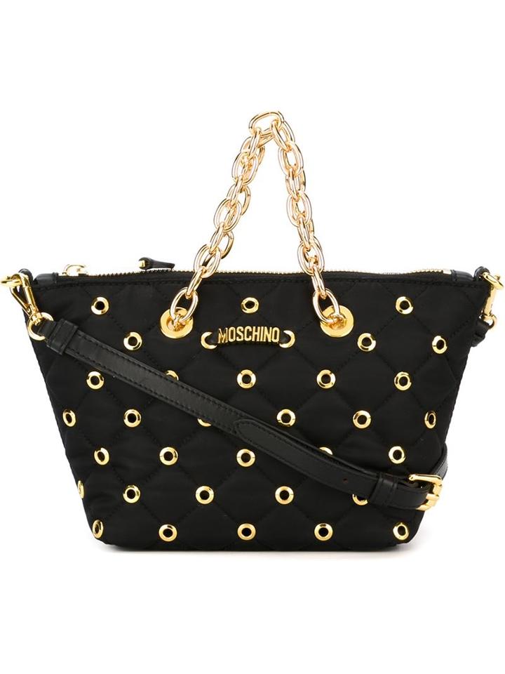 Moschino Eyelet Embellished Tote, Women's, Black, Leather/metal/polyester