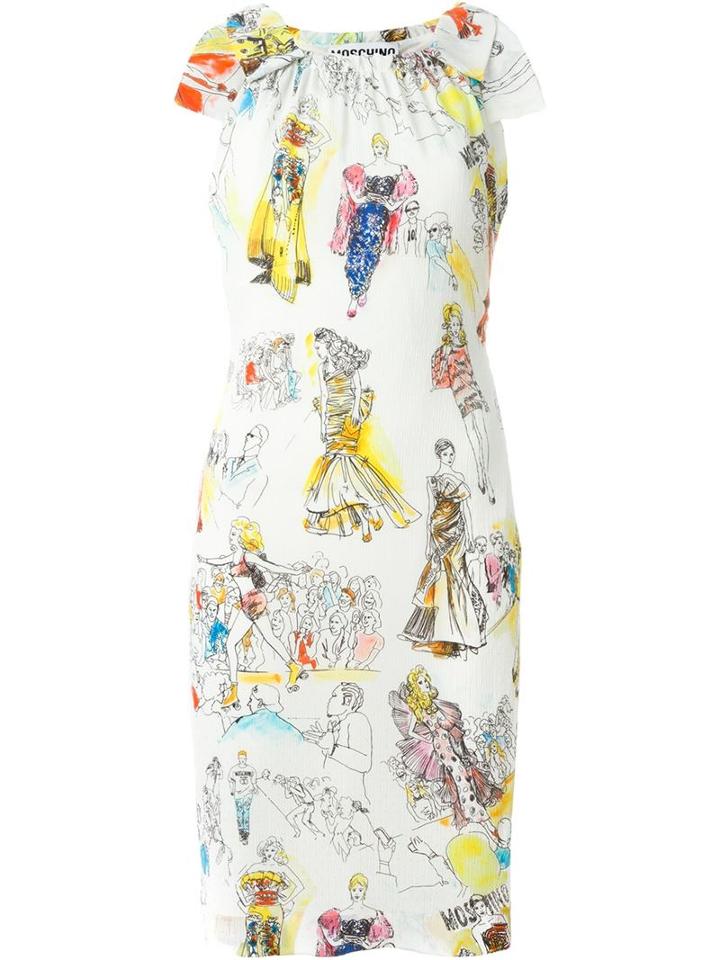 Moschino Fashion Show Print Dress, Women's, Size: 44, White, Silk/rayon/spandex/elastane