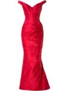 Romona Keveza Off Shoulder Ruched Fishtail Gown - Red