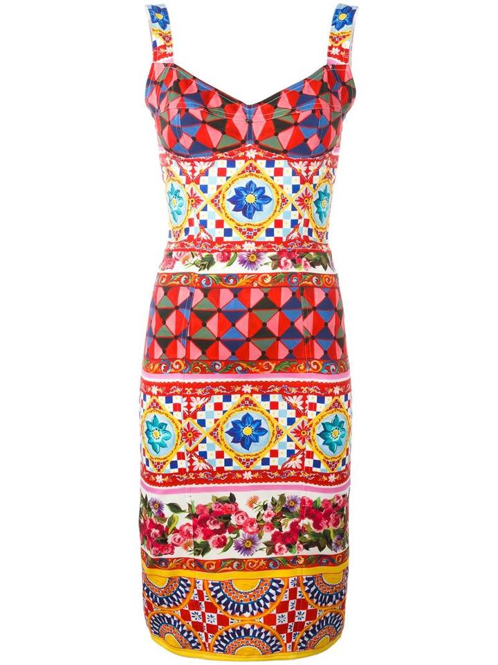 Dolce & Gabbana Mambo Print Fitted Dress, Women's, Size: 44, Silk/polyamide/spandex/elastane
