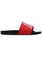 Prada Red Logo Embossed Rubber Slides - Black