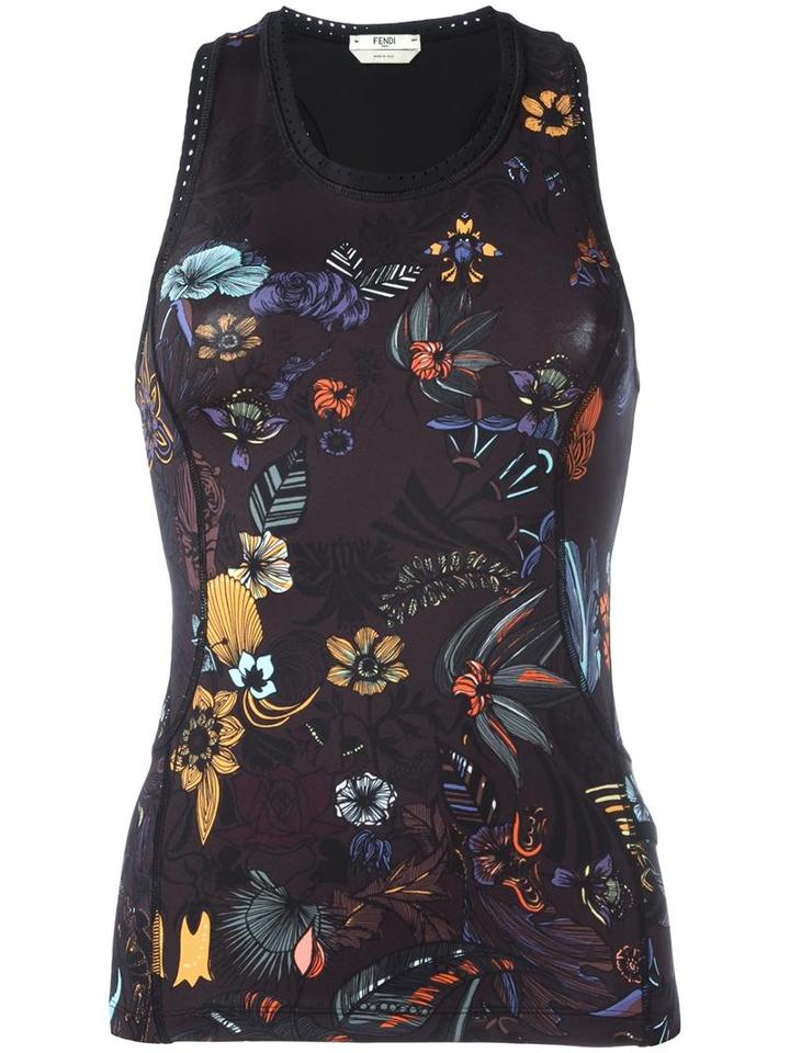 Fendi Botanical Garden Print Tank Top, Women's, Size: 38, Black, Polyamide/spandex/elastane