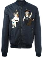 Dolce & Gabbana Designer's Patch Bomber Jacket, Men's, Size: 52, Blue, Silk/cotton/sheep Skin/shearling/wool