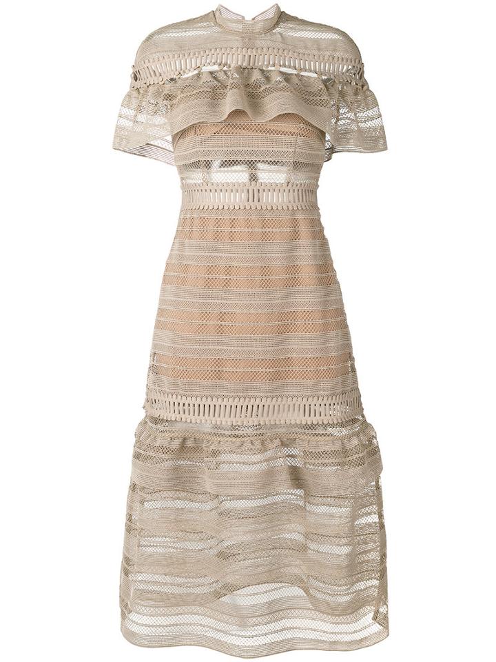 Self-portrait - Yoke Frilled Dress - Women - Polyester/spandex/elastane - 14, Nude/neutrals, Polyester/spandex/elastane